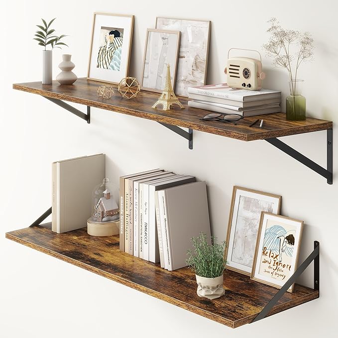 12 Inch Deep Floating Shelves,48W x 12D Floating Shelves, Deep Wall Shelves Bracket Set of 2, Large Display Floating Shelf for Bathroom, Living Room, Wide Storage Wooden Wall Shelf, Rustic Brown-HomvellaHome