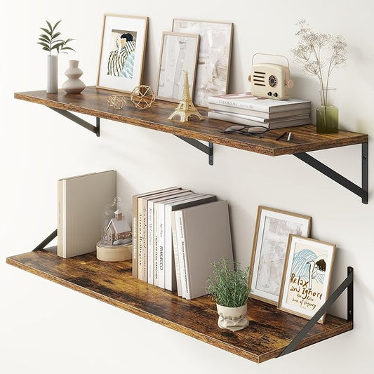 12 Inch Deep Floating Shelves,48W x 12D Floating Shelves, Deep Wall Shelves Bracket Set of 2, Large Display Floating Shelf for Bathroom, Living Room, Wide Storage Wooden Wall Shelf, Rustic Brown-HomvellaHome