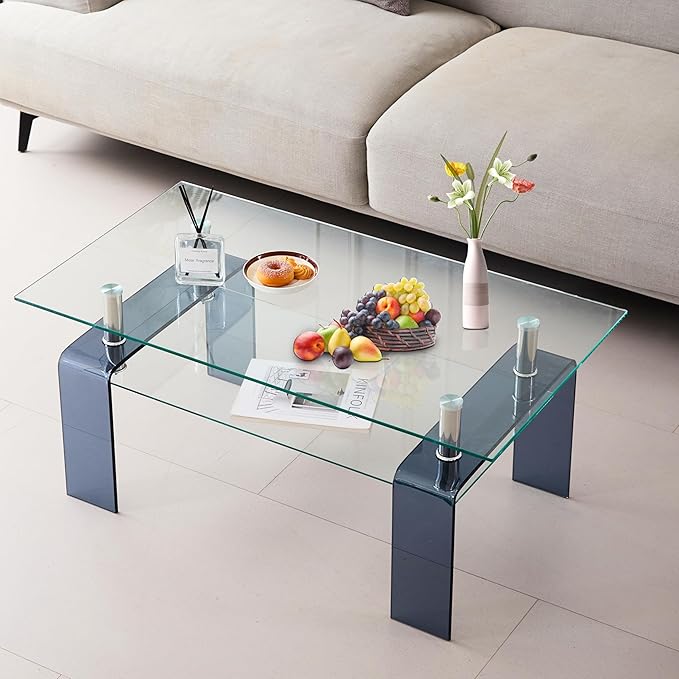 Glass Coffee Table Rectangle Living Room Center Table with Storage, Clear Tempered Glass Tabletop and Smoke Grey Leg,for Living Room and Office (Clear+Smoke)-HomvellaHome