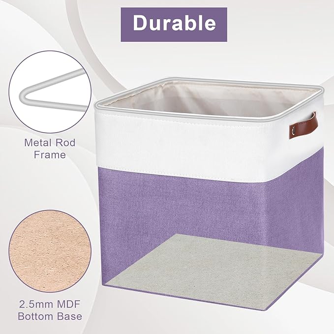 13x13 Cube Storage Bins, Collapsible Fabric Storage Box, 4 Pack Closet Baskets with Handles for Organizing, Shelf, Toys, Clothes, Home, Office, Nursery (Purple&White)-HomvellaHome