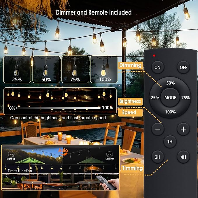 1-Pack 150 ft Outdoor String Lights with Remote Patio Lights Weatherproof, 45+3 Spare S14 Shatterproof Warm 2200K Bulbs, 3 Lighting Modes&Dimmable&Timer-HomvellaHome