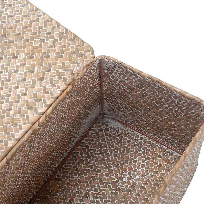 Wicker Basket with Lid, Seagrass Storage Basket, Woven Decorative Storage Baskets for Shelf Organizing, Whitewash-HomvellaHome