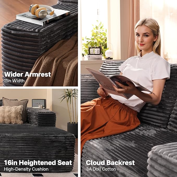 106" Cloud Sectional Couches for Living Room,Plush Corduroy Boneless Couch with Comfy Chaise,L Shaped Sofa in A Box No Assembly Require,Grey-HomvellaHome