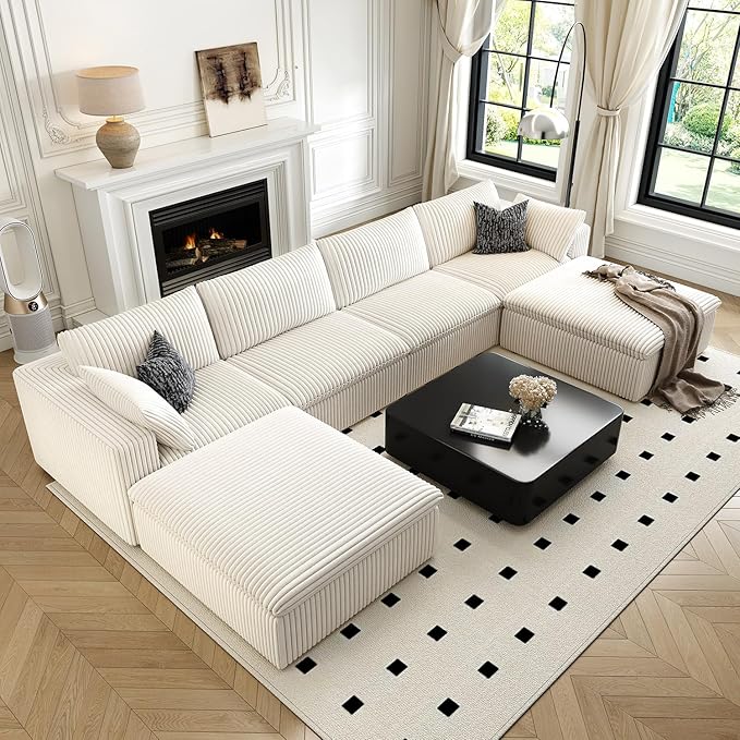 157.5" Cloud Couch Oversized Modular Sectional Sofa for Living Room,Modern Sofa with Deep Seat，U-Shape Boneless Couch with 2 Ottoman,Comfy Upholstered Couches for Apartment, Studio, Office,White-HomvellaHome