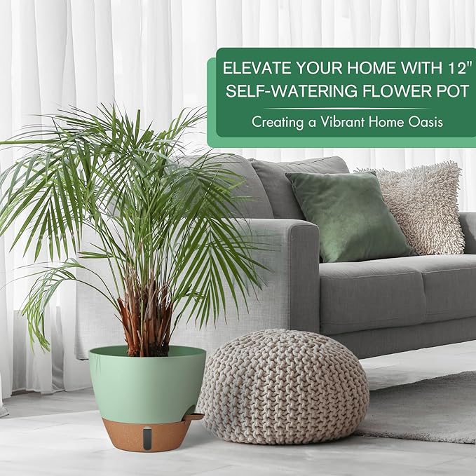 12/10/8 Inch Self Watering Pots for Indoor Plants Plastic Large Plant Pot for Outdoor Plants, Water Level Window & Spacious Reservoir Flower Pots Decorative Planter with Drainage and Tray (Green)-HomvellaHome