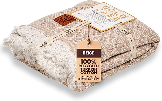 Gold Case Throw Blanket for Couch – 100% Recycled Turkish Cotton Blankets & Throws – Elegant Decorative Throw Blankets for Living Room Sofa – Woven Throws for Couch – Retro Beige – 50x60-HomvellaHome