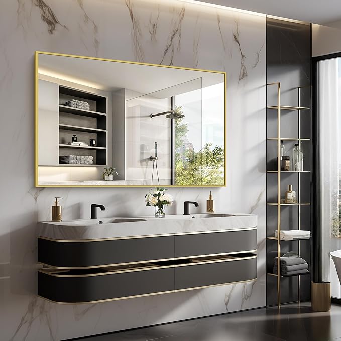 Gold Bathroom Mirror for Wall, 60x36 Inch Rectangle Mirrors with Metal Frame, Modern Vanity Wall Mirror Decor for Bathroom Living Room, Entryway Hangs Horizontal or Vertical-HomvellaHome