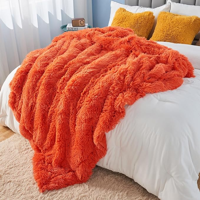 GONAAP Fuzzy Faux Fur Throw Blanket Orange Super Soft Cozy Plush Fuzzy Shaggy Blanket for Couch Sofa Bed (Orange, Throw(50"x60"))-HomvellaHome