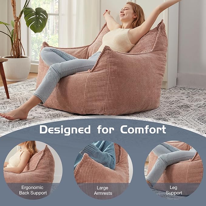 Giant Bean Bag Chair Sofa for Adults Teens, Comfy Corduroy Large Bean Bag Chairs with Armrests for Bedroom Living Room, Adult BeanBag Lazy Sofa Couch Chairs with Filler Included-HomvellaHome