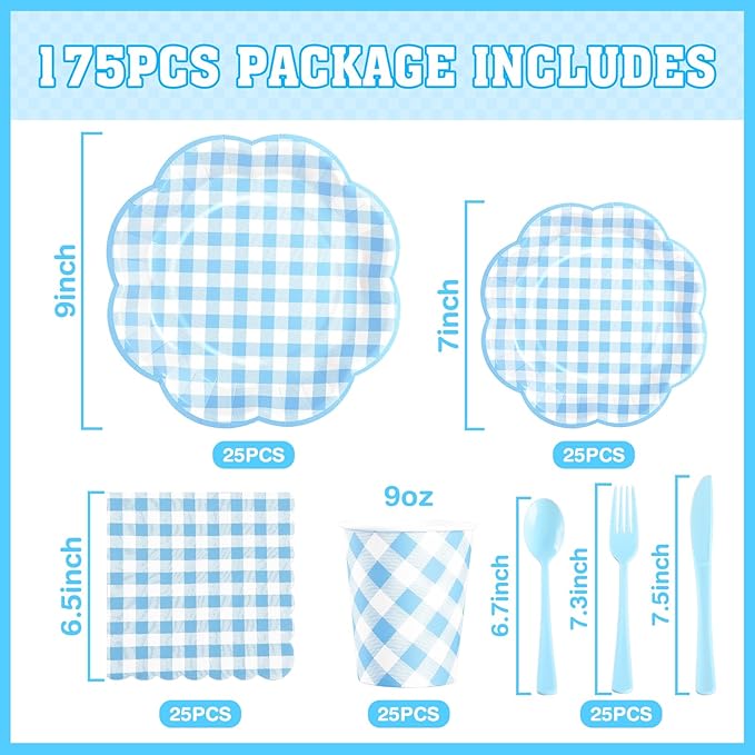 175 Pcs Blue Gingham Plates and Napkins Party Supplies - Blue and White Checkered Plates Sets Serve 25 Guests - Scalloped Gingham Paper Plate for Birthday Dinner Wedding Baby Shower Party Decorations-HomvellaHome
