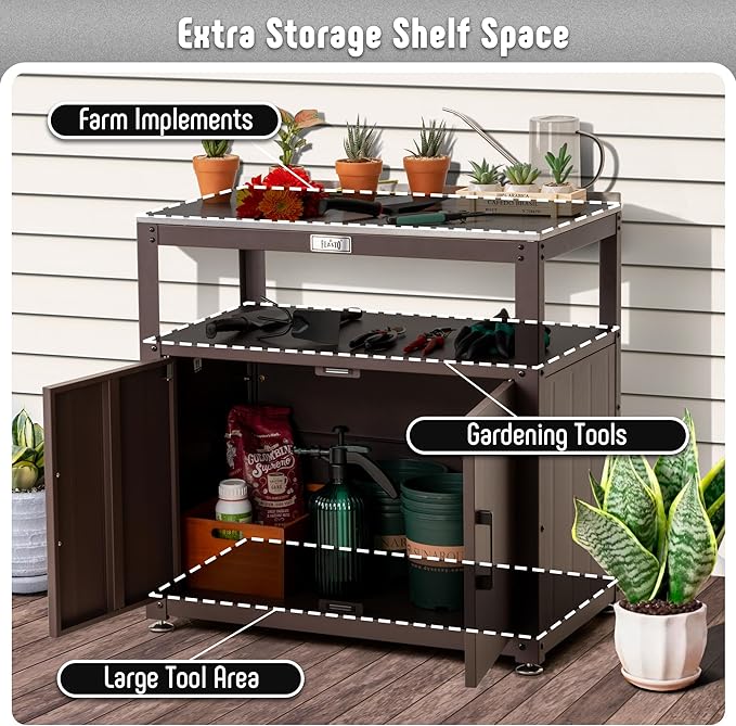Garden Potting Bench with Storage Cabinet,Outdoor Gardening Table & Work Bench for Plants, Horticulture,Outdoor Workstation with Stainless Steel Tabletop,Outdoor Work Table-HomvellaHome
