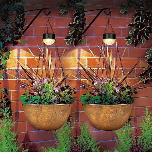 2 Packs Hanging Planters Basket for Outdoor Plants, Solar Powered Self Watering Bronze Round Plastic Flower Pots with Drainer for Balcony Patio Garden Outdoor Decoration-HomvellaHome