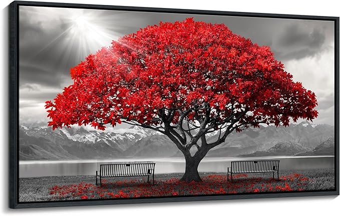 AJAZIKO Red Wall Art - Modern Framed Wall Art for Living Room - Red Tree Black and White Landscape Canvas Prints Posters & Prints for Home Office Bedroom Decorations - Large Wall Pictures 29×58IN-HomvellaHome