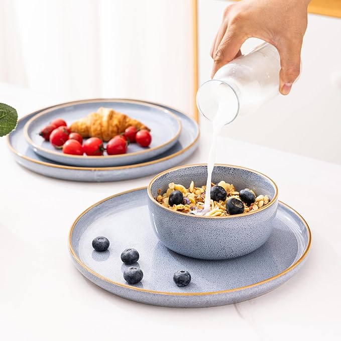 GBHOME Ceramic Dinnerware Sets for 6, 18 Pieces Stoneware Plates and Bowls Sets, Scratch Resistant Dish Sets for Dinner, Dishwasher & Microwave Safe, Brunnera Blue-HomvellaHome