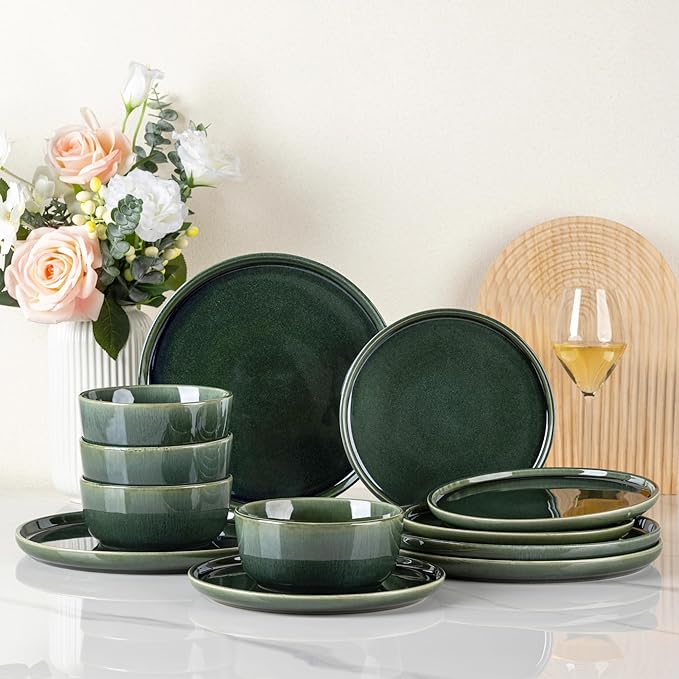 GBHOME Ceramic Dinnerware Sets for 8, 24 Pieces Stoneware Plates and Bowls Sets, Reactive Glaze Dishes -Scratch Resistant, Dishwasher&Microwave Safe, Earth Green-HomvellaHome