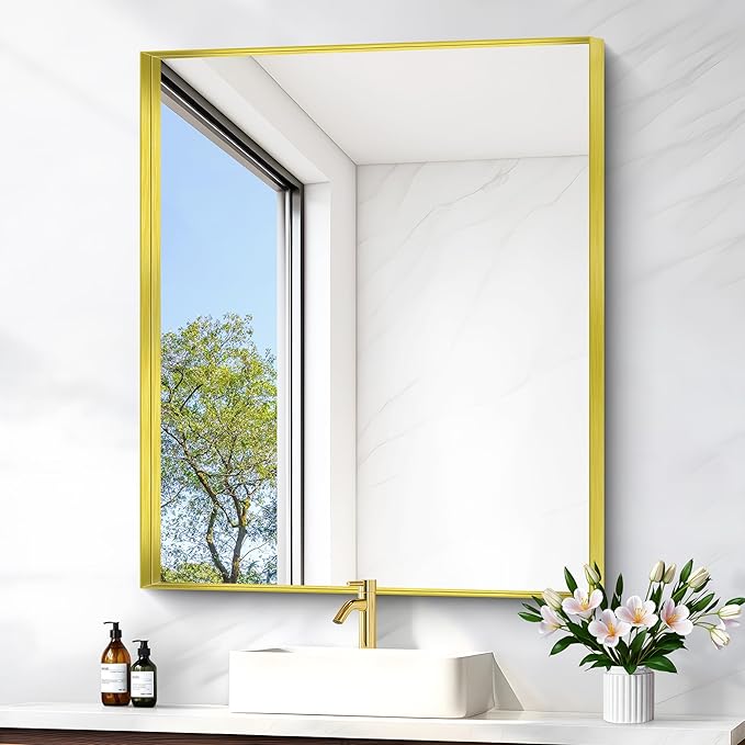 Gold Bathroom Mirror, 30x36 Inch Rectangular Framed Mirror, Large Wall Mounted Bathroom Vanity Mirror Over Sink for Bedroom,Restroom, Living Room, Hangs Vertically or Horizontally-HomvellaHome