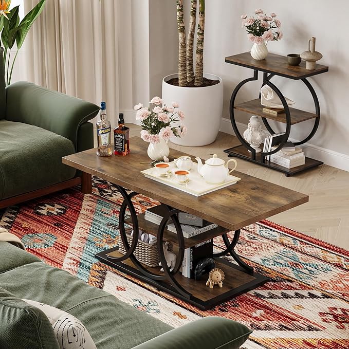 GiftGo Rustic Coffee Table with Storage Industrial 3 Tier Center Living Room Table Farmhouse Wooden Rectangle Cocktail Tea Table for Office Bedroom Elegant Full Moon Round Metal Frame (Brown, L-47)-HomvellaHome