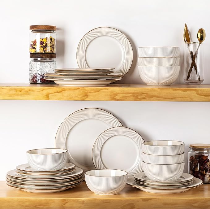GBHOME Ceramic Dinnerware Sets, 24 pcs Embossed Elegant Stoneware Plates and Bowls Sets, Housewarming Wedding Gift | Dishwasher & Microwave Safe | Dishes Set Service for 8-HomvellaHome