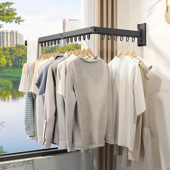 Grey Color Laundry Rack - Wall Mounted, Collapsible Clothes Drying Rack With Loop-type Hooks-HomvellaHome