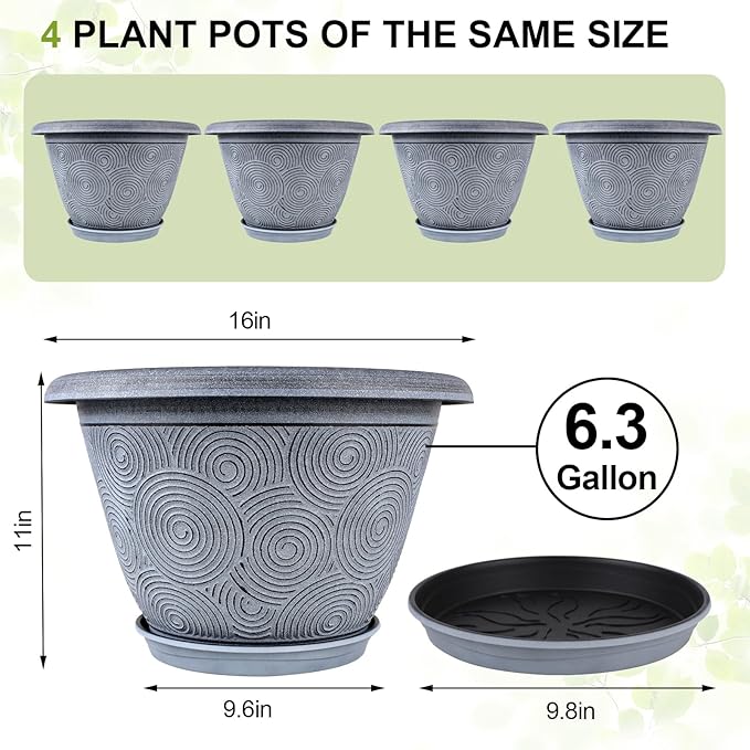 16 Inch Large Planter Pot for Plants Indoor Outdoor, 4 Pack Plastic Flower Pots with Drainage Hole & Tray, Modern Decorative Garden Pot with Saucer, Plant Container for House-HomvellaHome