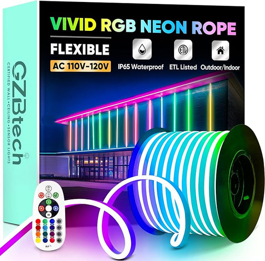 GZBtech RGB LED Neon Rope Lights 100FT/30M, AC 110-120V Waterproof Color Changing LED Rope with Remote Controller, Dimmable Multi Color Neon Rope Lighting for Indoor Outdoor Commercial Use-HomvellaHome