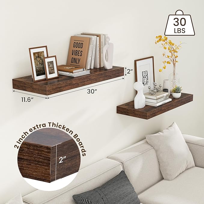 12 Inch Deep Floating Shelves for Wall | 30 Inch Floating Shelves Set of 2 | Rustic Wood Shelves for Living Room Bathroom Laundry Room Bedroom Kitchen Home Office - Rustic Brown-HomvellaHome