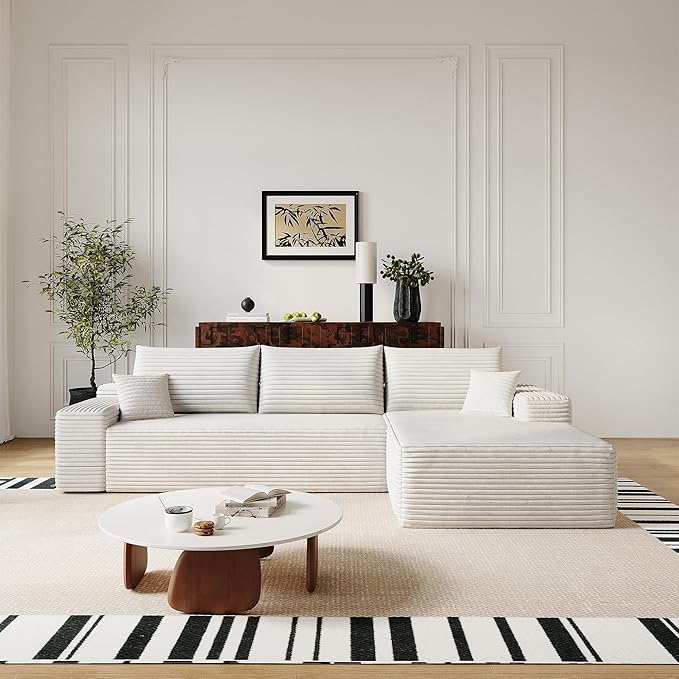 108" Sectional Couches for Living Room Modern Modular Sofa with L-Shape Couchs Upholstered Boneless Couch Deep Seat Sectional Couch with Chaise (White, Right Facing Chaise+2Seaters)-HomvellaHome