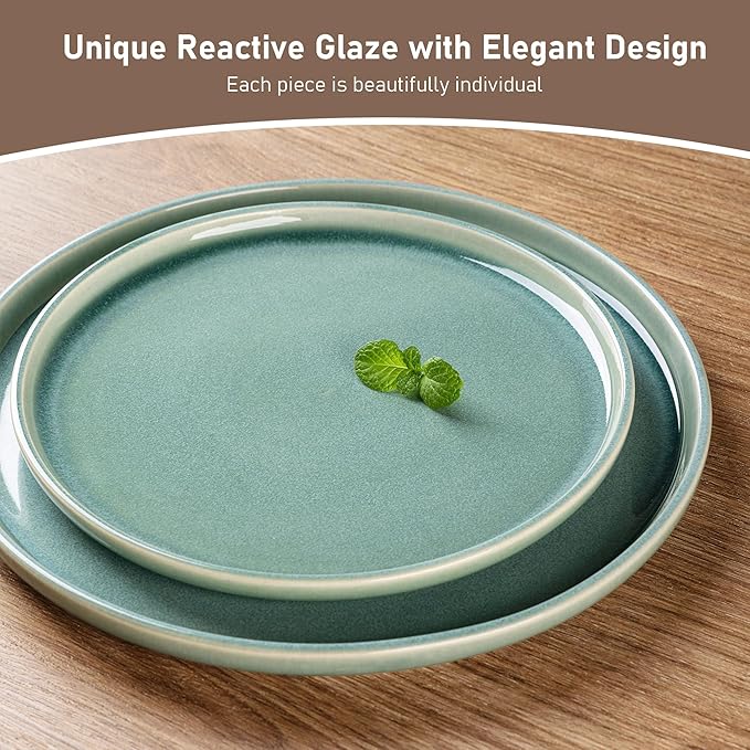 GBHOME Ceramic Dinnerware Sets for 4, 12 Pieces Stoneware Plates and Bowls Sets, Scratch Resistant Dishes, Dishwasher & Microwave Safe, Reactive Glaze-Malachite Green-HomvellaHome