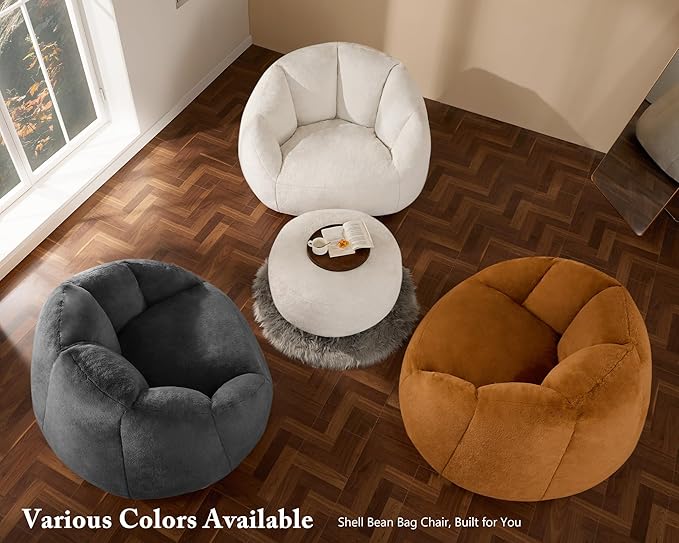 Giant Bean Bag Swivel Chair for Adults - Comfy Plush Round Shell Soft Accent Chaise Lounge Indoor Reading Chair, Oversized Cozy Floor Sofa for Living Room, Bedroom & Game Rooms, Dorm, Gray-HomvellaHome