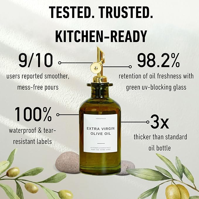 Green Glass Olive Oil Dispenser Bottle For Kitchen By Verpsace,Avocado Oil Dispenser Set, Modern Decor, Gold Kitchen Accessories for Home, Airbnb, Cafe (Gold, Set of 2)-HomvellaHome