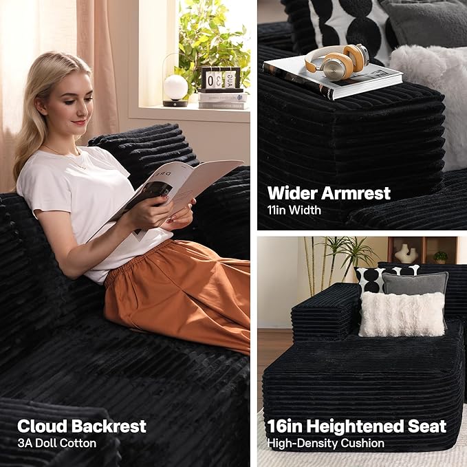 104" Cloudy Sectional L Shaped Couch for Living Room, No Assembly Required, Modular Comfy Sofa with Deep Seat, Fluffy Couch with Sleeper Chaise for Apartment Lounge (Black)-HomvellaHome