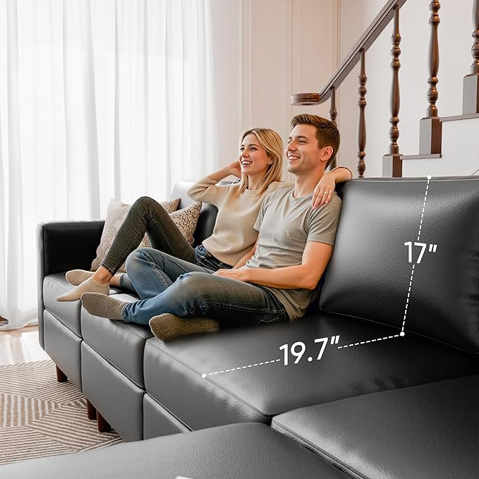 118.5" Faux Leather Modular Sectional Sofa, L Shaped Couch Set for Living Room, 7-Seater Comfy Cloud Couches with Storage Seat Black-HomvellaHome