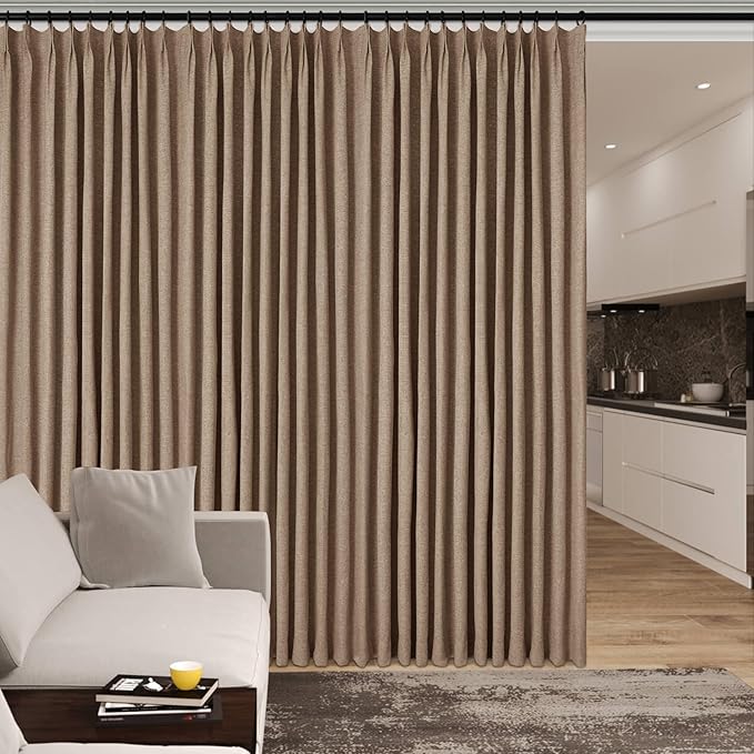 150 Inches Extra Wide Room Divider Draperies, Pinch Pleat Drapes, Absolutely Blackout Sliding Door Drapery, Total Privacy Ceiling Track Curtains, 150" W by 102" L, Taupe (1 Panel)-HomvellaHome