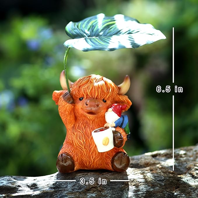 Garden Gnome with Highland Cattle 6.5“ Figurine Ornament for Indoor Outdoor Home Patio Yard Lawn, Red Hat, Blue Outfit, Indoor Outdoor Decorative Statue-HomvellaHome