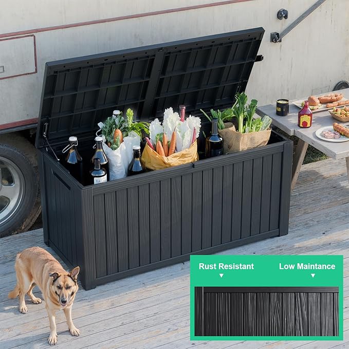 180 Gallon Outdoor Deck Box,Storage Lockable Waterproof Patio Furniture,Garden Tools,Cushions,Pool Accessories Outside Storage Resin Box(Black)-HomvellaHome