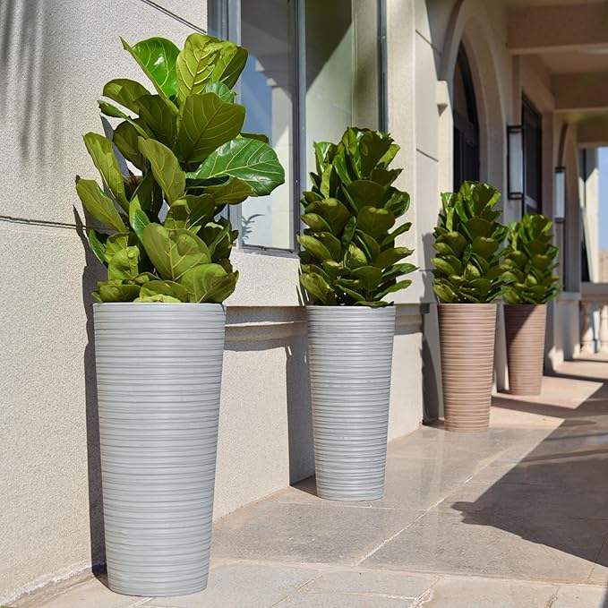GreenShip 27" Tall Planters, Set of 2 – Black Outdoor Planter for Front Porch & Tall Plants, Weather-Resistant, with Drainage Hole & Rubber Plug (No Plants Included) (Light Gray)-HomvellaHome