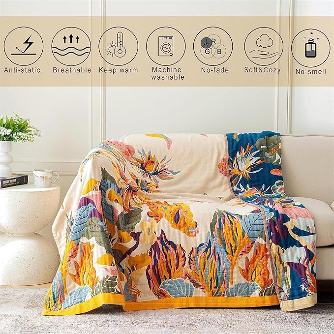 100% Cotton Throw Blanket for Bed Couch Summer 98''x 98'' Super Soft Muslin Blankets Warm Boho Quilt Lightweight Farmhouse Decorative Bed Blankets-HomvellaHome