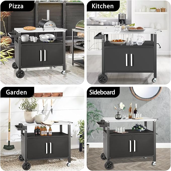 Grill Cart Table with Big Storage Cabinet, Movable Outdoor Dining Cart Pizza Oven Stand, Kitchen Cart Island Multifunction Food Prep Table Stainless Steel Surface-HomvellaHome