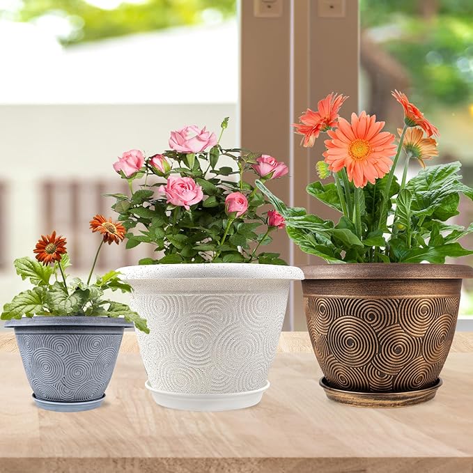 10 Inch Flower Pots Planters for Indoor Outdoor Plants, 3 Pack Plastic Large Plant Pots with Drainage Hole & Tray, Modern Decorative Garden Pot with Saucer, Plant Container for House-HomvellaHome