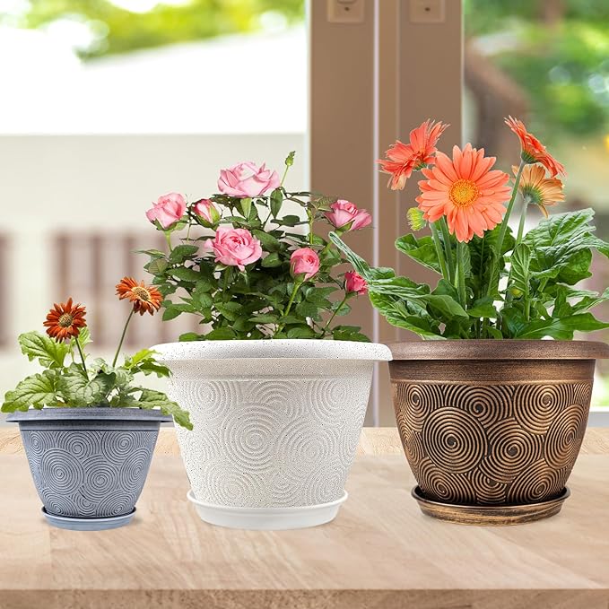 10 Inch Flower Pots Planters for Indoor Outdoor Plants, 3 Pack Plastic Large Plant Pots with Drainage Hole & Tray, Modern Decorative Garden Pot with Saucer, Plant Container for House-HomvellaHome