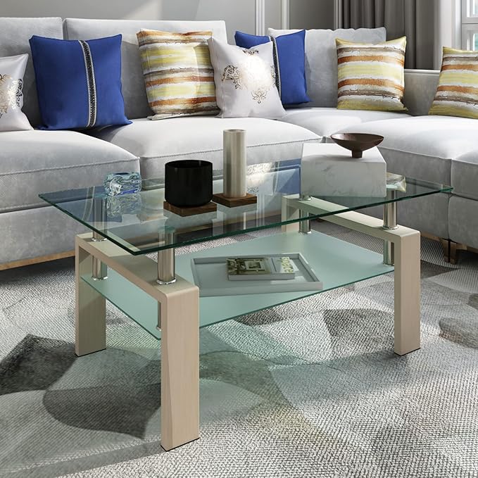 Glass Coffee Table Rectangle Living Room Center Table, 39inch Transparent Tempered Glass Tabletop and Beige Wood Grain Metal Legs, Beige + Clear Glass-HomvellaHome