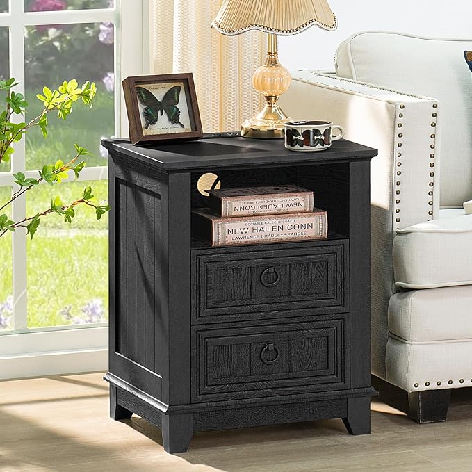 18" Night Stands Set of 2 with Charging Station, Farmhouse 2 Drawers End Table Dresser for Bedroom, Black Wooden Nightstand, Bed Side Table with Open Shelf, Bedside Cabinet for Living Room-HomvellaHome