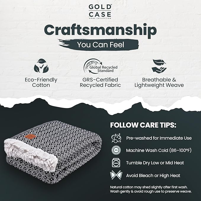 Gold Case Throw Blanket for Bed – 100% Recycled Turkish Cotton Bed Blanket – Decorative Throw Cotton Blankets for Living Room & Bedroom – Retro Black Woven Queen Blankets – 90x90-HomvellaHome