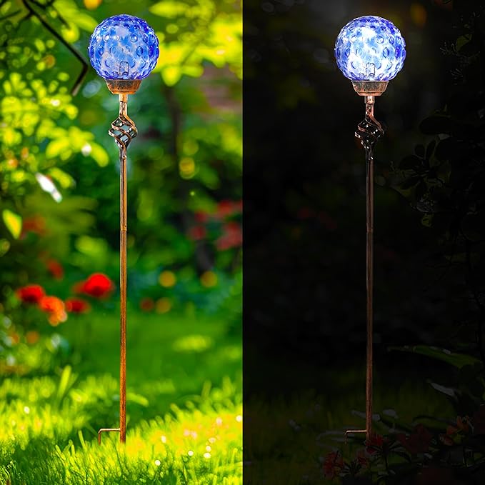 Garden Solar Lights, Decorative LED Honeycomb Glass Ball Garden Stake, Glass and Metal Outdoor Decoration, 4 x 31 Inch (Dark Blue)-HomvellaHome