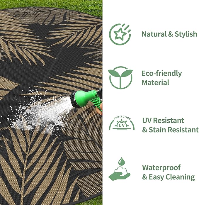 GENIMO Outdoor Rug 8' Round Waterproof for Patios Clearance, Reversible Outdoor Plastic Straw Camping Rug Carpet, Large Area Rugs Mats for RV, Camper, Deck, Balcony, Porch, Beach, Picnic, Black&Brown-HomvellaHome