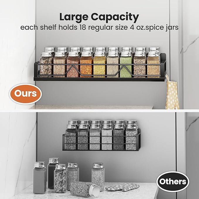 16.9 Inch Wide Large Capacity Magnetic Spice Rack for Refrigerator, 4 Pack Metal Fridge Shelf, Black-HomvellaHome