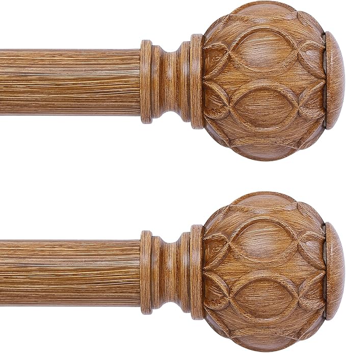 2 Pack Wood Curtain Rods for Windows 66 to 120 Inch,1 Inch Adjustable Curtain Rod Set,Heavy Duty Curtain Rods,Wooden Netted Texture Drapery Rods,Single Window Curtains Rods 66-120",Brown Wood-HomvellaHome