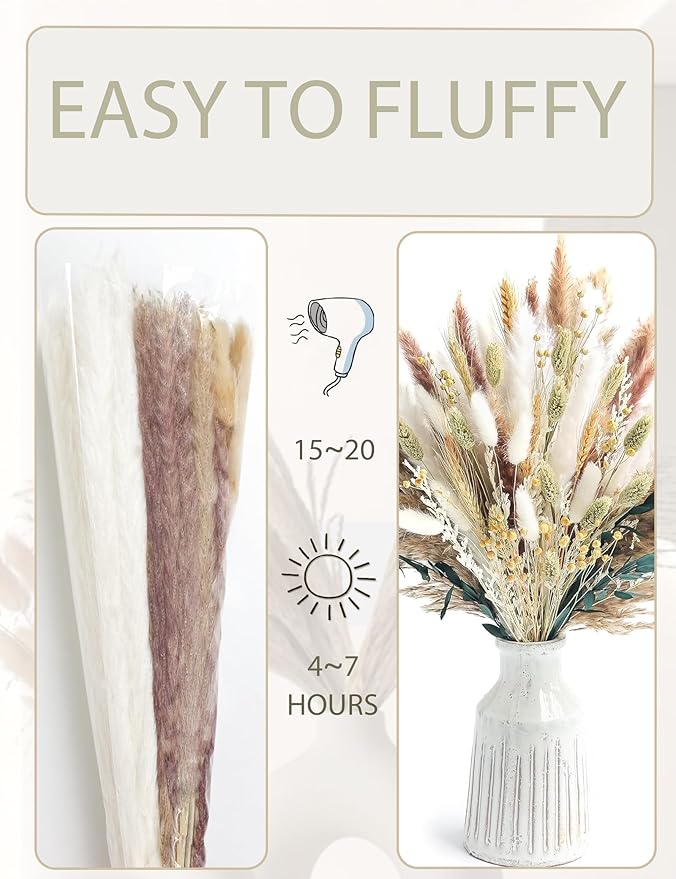 126pcs Dried Pampas Grass Decorations, Dried Flowers, Dried Bouquet in Vase, Reed Grass Bouquet for Boho Floral Wedding, Rustic Farmhouse Decor. (Vase Not Included)-HomvellaHome