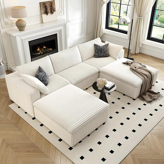 118" Cloud Couch Modular Sectional Sofa for Living Room,Modern Sofa with Deep Seat，U-Shape Boneless Couch with 2 Ottoman,Comfy Upholstered Corduroy Couches for Apartment, Studio, Office,Bedroom，White-HomvellaHome