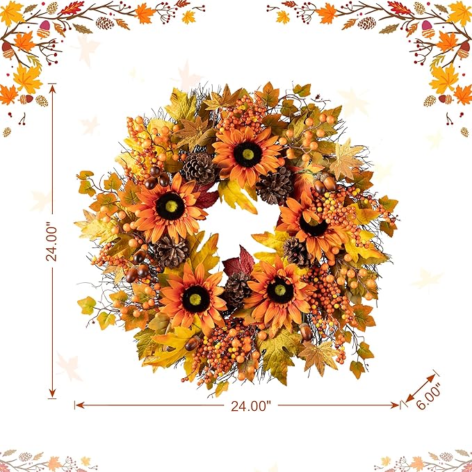 Glitzhome 24'' Fall Wreath for Front Door Decor, Artificial Autumn Orange Wreath with Sunflower, Maple Leaf and Berry Ornament for Wall Fireplace Farmhouse Thanksgiving Day Harvest Festival Decor-HomvellaHome